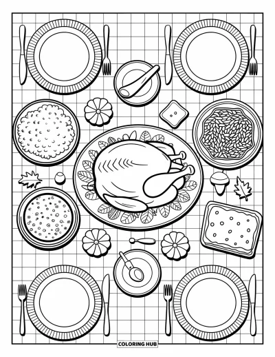 Coloriage de plats de Thanksgiving pour adultes : Une dinde rôtie et les plats de Thanksgiving garnissent une table mise avec beaucoup de charme