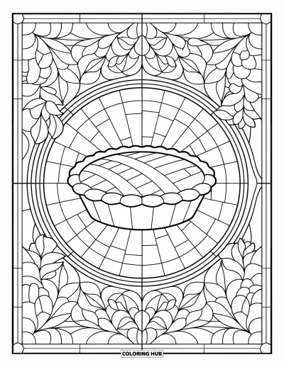 Coloriage de plats de Thanksgiving pour adultes : Des feuilles en vitrail encadrent une tarte aux pommes dans une fenêtre décorative