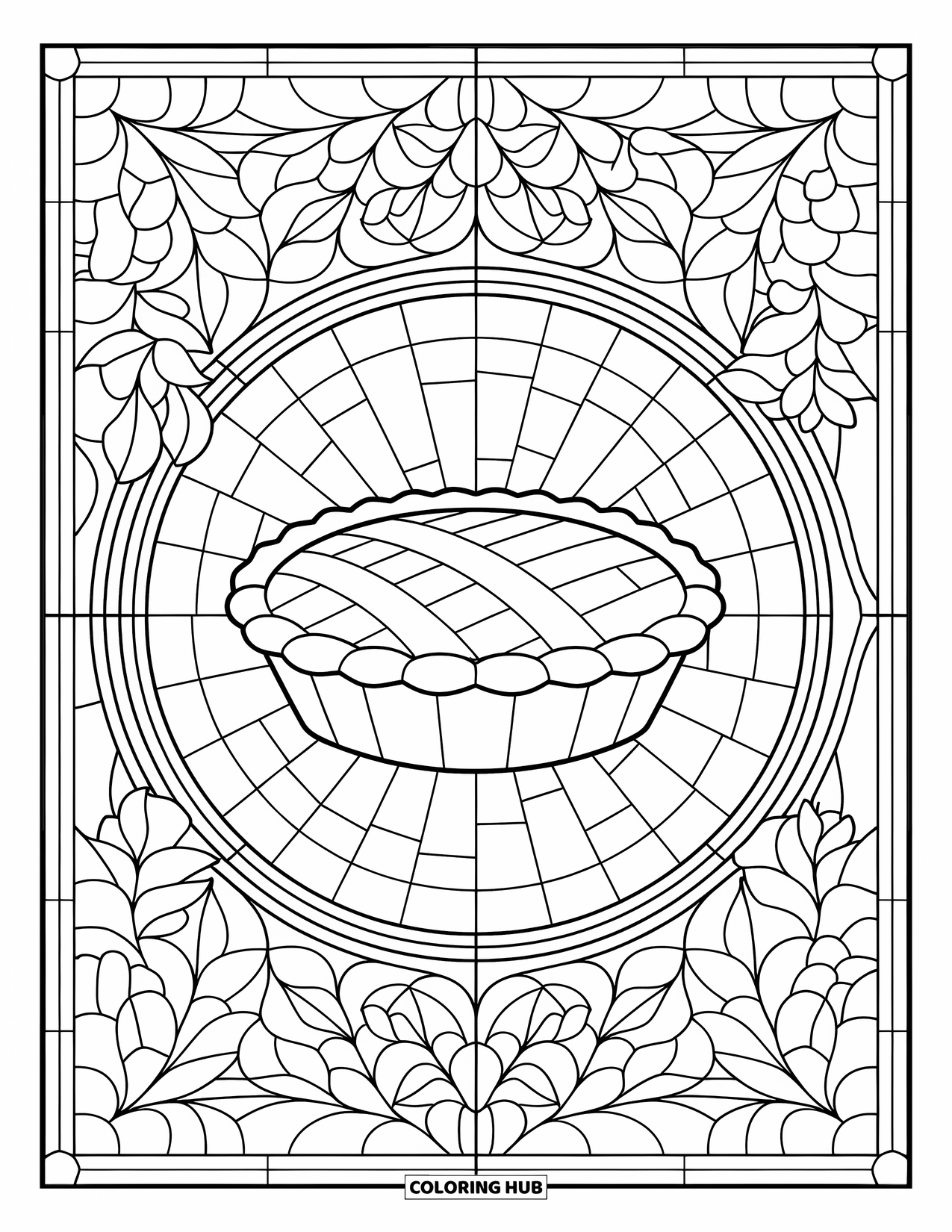 Thanksgiving Food Coloring Page for Adults: Stained glass leaves frame an apple pie inside a decorative window