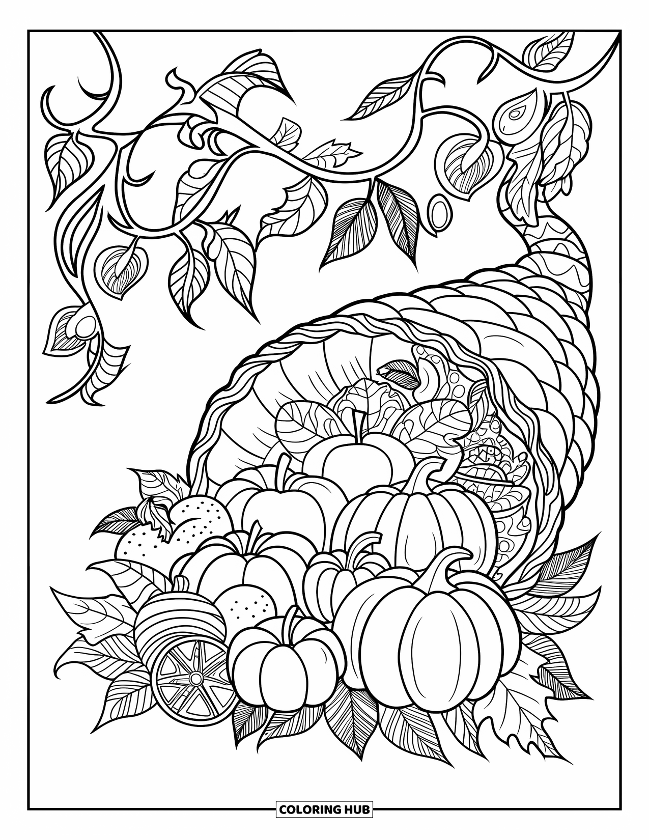 Thanksgiving Food Coloring Page for Adults: Thanksgiving harvest spills from a cornucopia surrounded by winding mandala vines