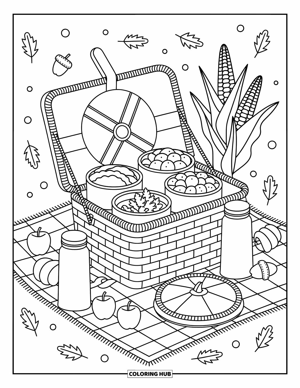 Thanksgiving Food Coloring Page for Adults: Thanksgiving picnic basket for two includes turkey, stuffing, pie, and apples