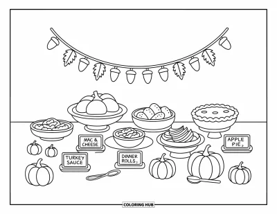 Coloriage de plats de Thanksgiving pour adultes : De petites citrouilles et des plateaux étiquetés rendent ce buffet particulièrement accueillant
