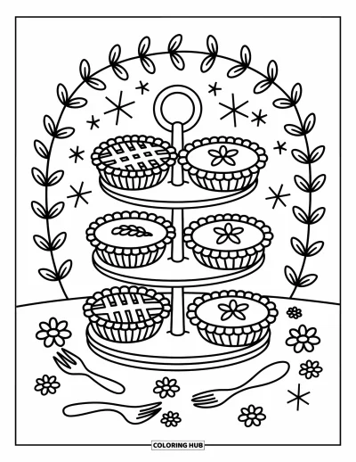 Coloriage de plats de Thanksgiving pour adultes : Des rosaces de crème fouettée et des fourchettes à tarte entourent une tour de mini tartes de Thanksgiving