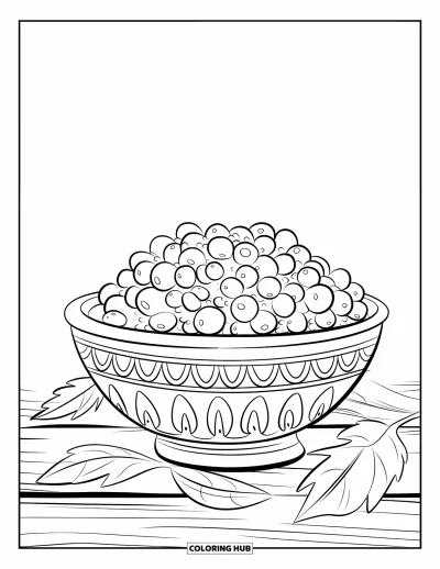 Coloriage de plats de Thanksgiving pour enfants : Un bol de gelée de canneberges est posé sur une surface en bois avec des feuilles d'automne autour