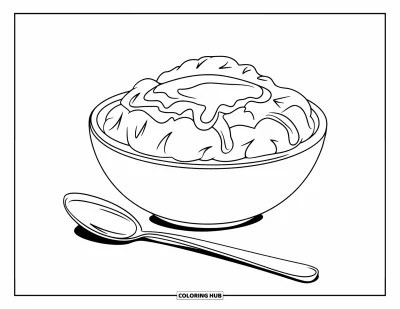Coloriage de plats de Thanksgiving pour enfants : Un bol de purée de pommes de terre est accompagné d'une cuillère dorée