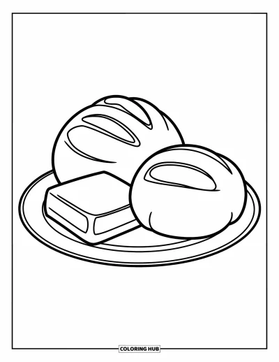 Coloriage de plats de Thanksgiving pour enfants : Un petit pain repose sur une assiette à côté d'une noisette de beurre