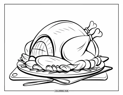 Coloriage de plats de Thanksgiving pour enfants : Une dinde découpée est posée sur une planche avec des ustensiles de service à côté