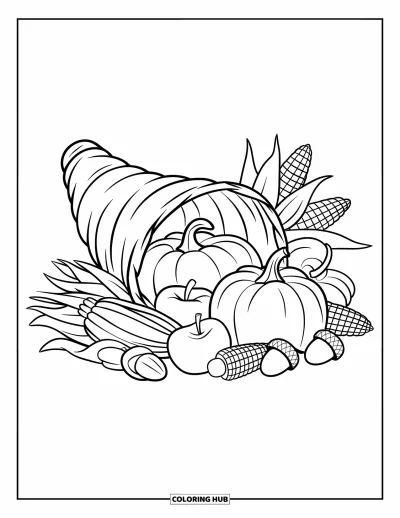 Coloriage de plats de Thanksgiving pour enfants : Une corne d'abondance joyeuse est remplie de pommes, de glands et de légumes