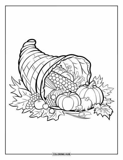 Coloriage de plats de Thanksgiving pour enfants : Une corne d'abondance déborde de citrouilles, de raisins et de pommes sur un piédestal