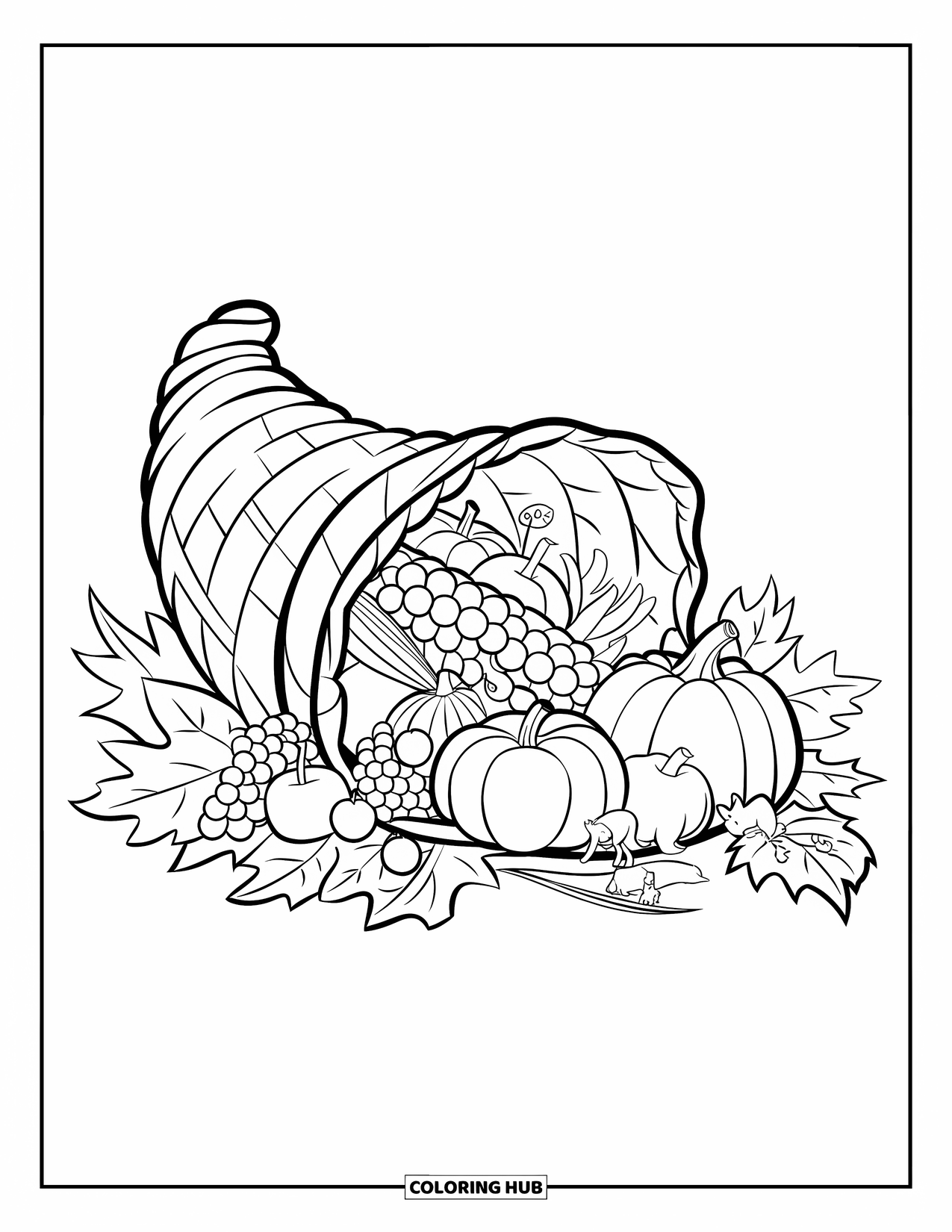 Thanksgiving Food Coloring Page for Kids: A cornucopia overflows with pumpkins, grapes, and apples on a pedestal