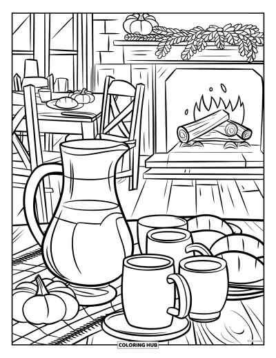 Coloriage de plats de Thanksgiving pour enfants : Une pièce chaleureuse avec une table rustique présente du cidre, des tasses et une décoration automnale