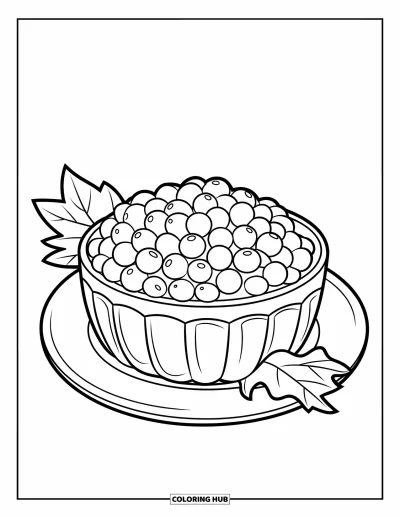 Coloriage de plats de Thanksgiving pour enfants : Un bol de sauce aux canneberges et une feuille reposent sur une assiette simple
