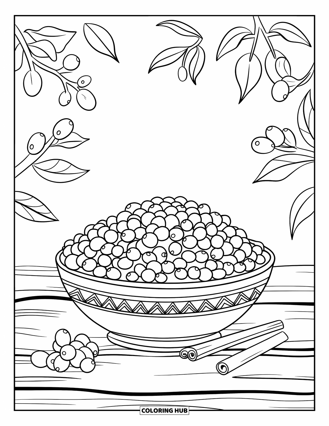 Thanksgiving Food Coloring Page for Kids: A dish of cranberry relish is framed by berries, leaves, and a cinnamon stick