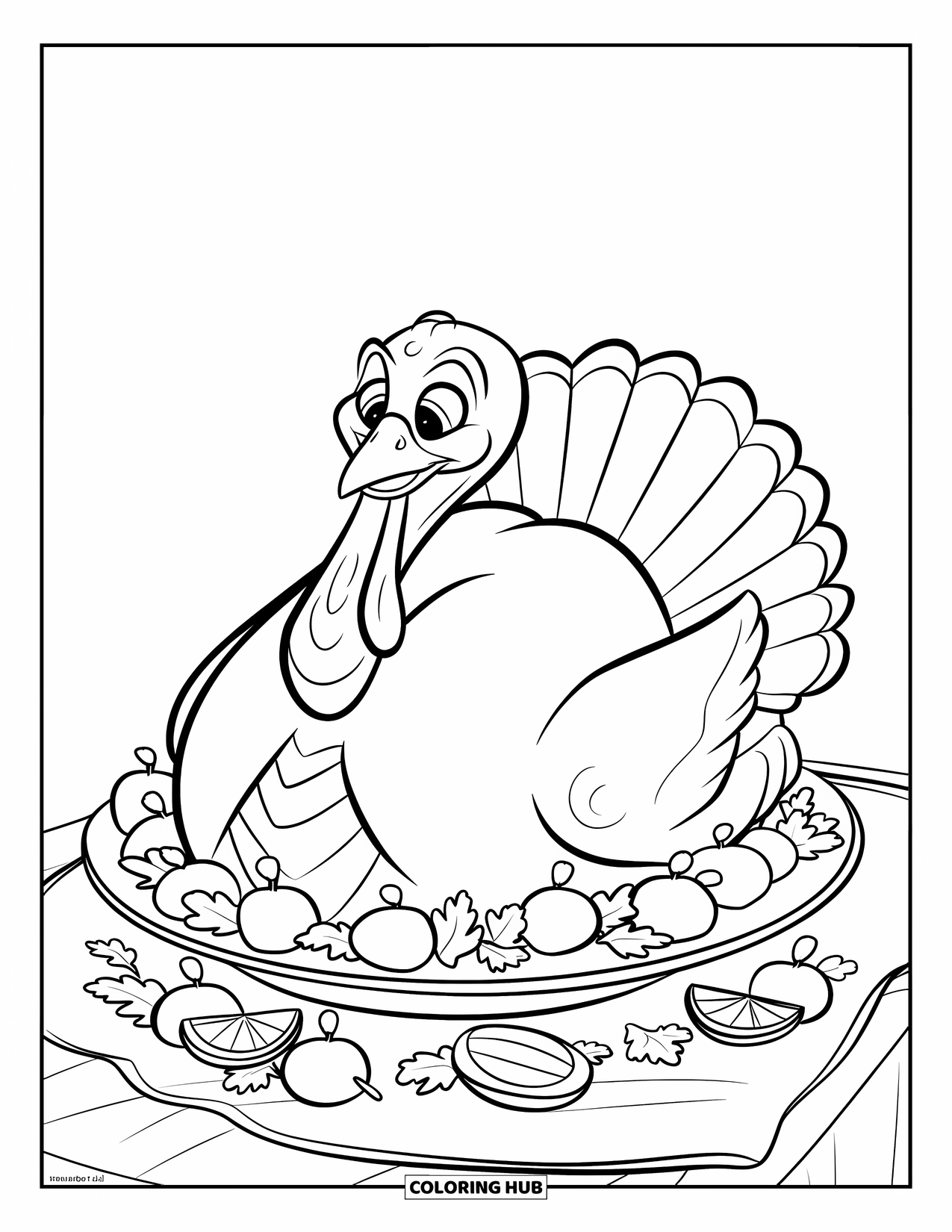 Thanksgiving Food Coloring Page for Kids: A happy-faced turkey is surrounded by garnishes on a festive platter