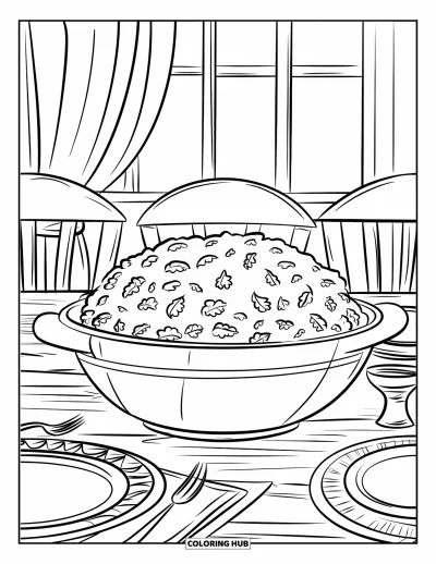 Coloriage de plats de Thanksgiving pour enfants : Un bol chaud de farce est posé près d'assiettes, de sauce et d'une fenêtre chaleureuse