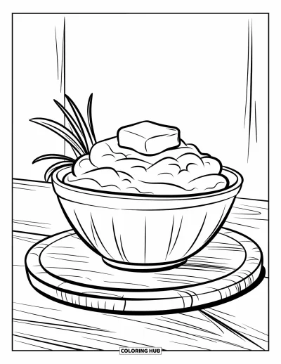 Coloriage de plats de Thanksgiving pour enfants : Une noisette de beurre fond sur une purée de pommes de terre avec des herbes vertes