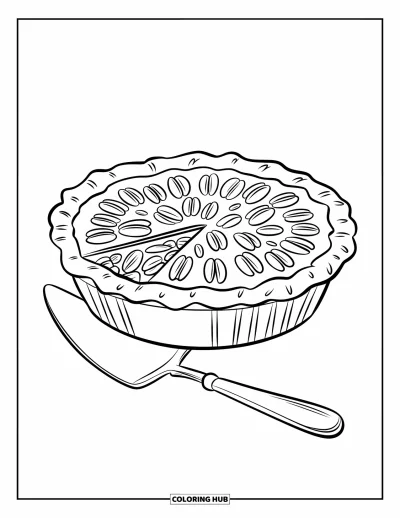 Coloriage de plats de Thanksgiving pour enfants : Une part de tarte aux noix de pécan est servie avec une pelle à tarte à côté