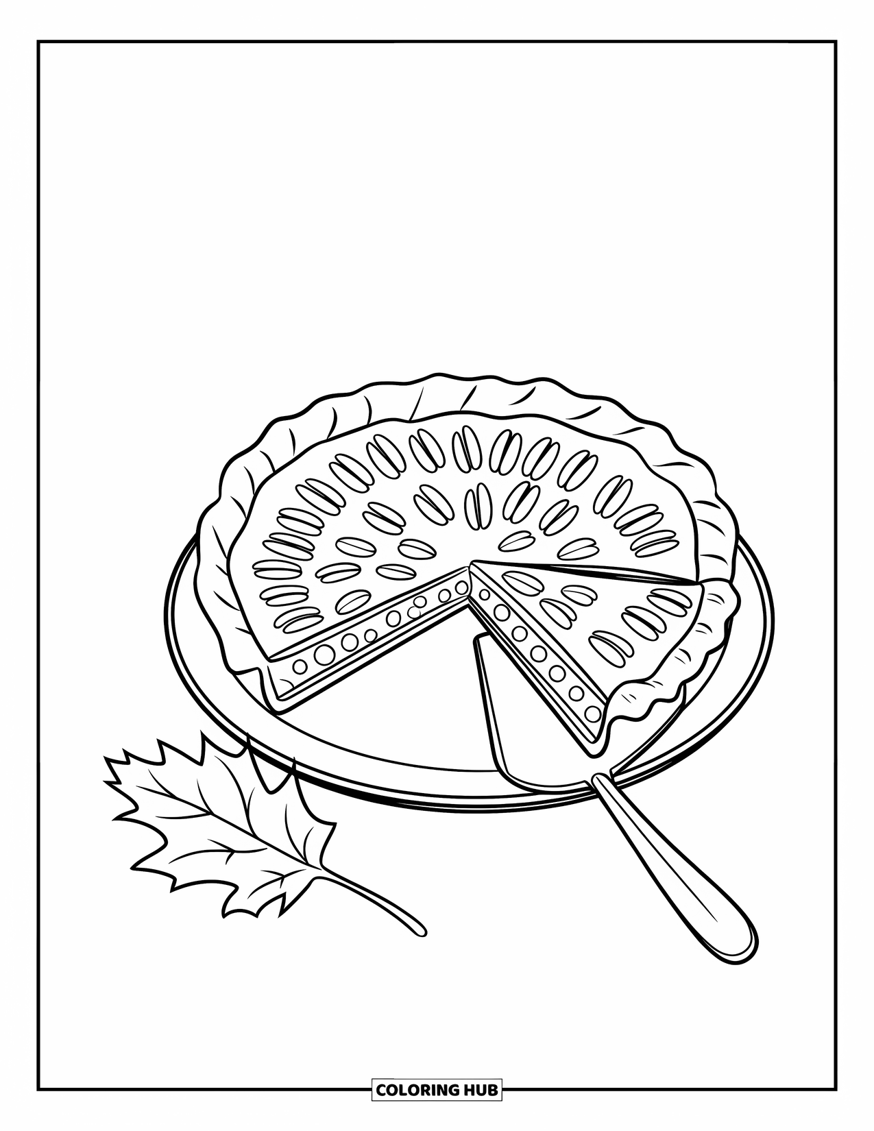 Thanksgiving Food Coloring Page for Kids: A pecan pie slice rests on a plate with a leaf nearby