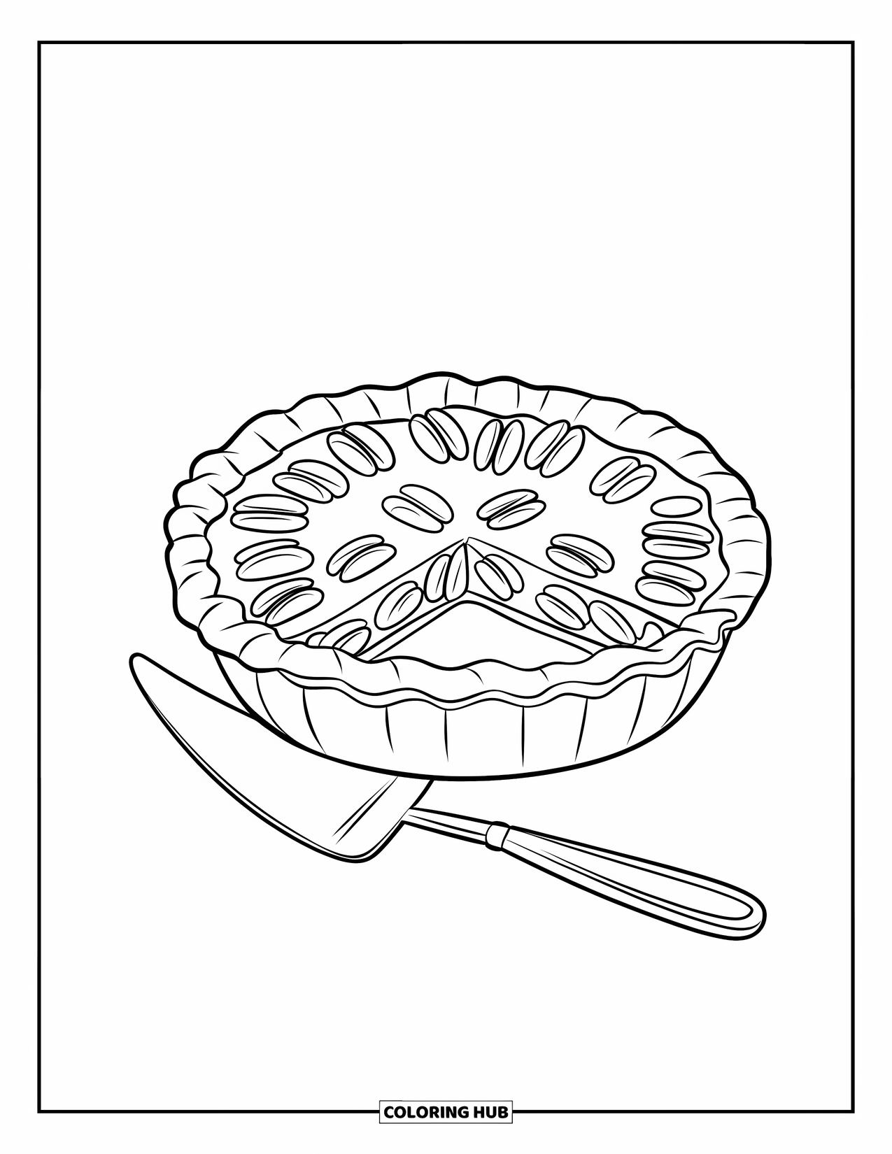 Thanksgiving Food Coloring Page for Kids: A pie server lifts a pecan pie slice off a simple white background
