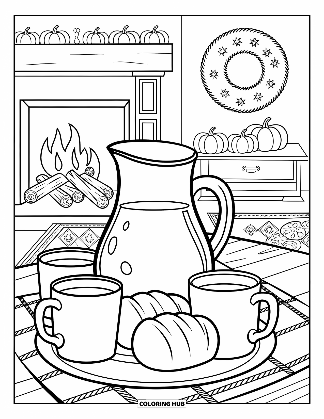 Thanksgiving Food Coloring Page for Kids: A pitcher of cider and rolls rest near a fireplace and pumpkins