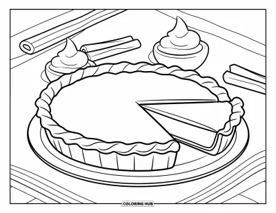 Coloriage de plats de Thanksgiving pour enfants : Une tarte à la citrouille avec une part découpée est accompagnée de crème fouettée et de cannelle