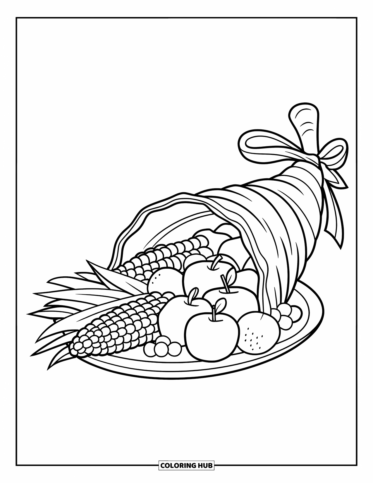 Thanksgiving Food Coloring Page for Kids: A ribbon wraps a cornucopia of apples, oranges, and corn