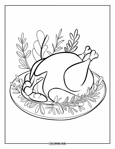 Coloriage de plats de Thanksgiving pour enfants : Une dinde rôtie est placée au centre entourée d'herbes aromatiques