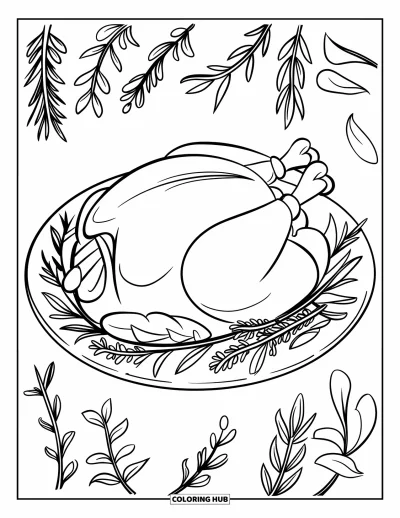 Coloriage de plats de Thanksgiving pour enfants : Une dinde rôtie repose sur une assiette avec du romarin et du thym
