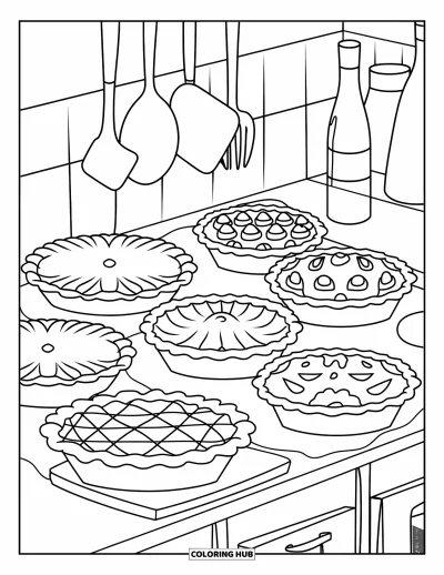 Coloriage de plats de Thanksgiving pour enfants : Une rangée de tartes refroidit sur une planche en bois avec des ustensiles de cuisine à côté
