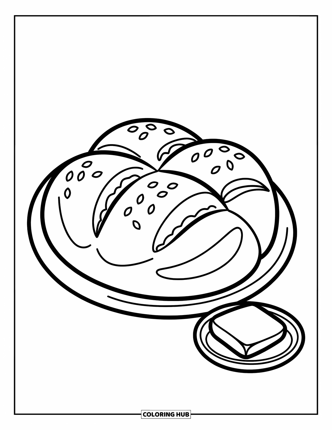 Thanksgiving Food Coloring Page for Kids: A seedy roll and butter dish create a simple, playful setup