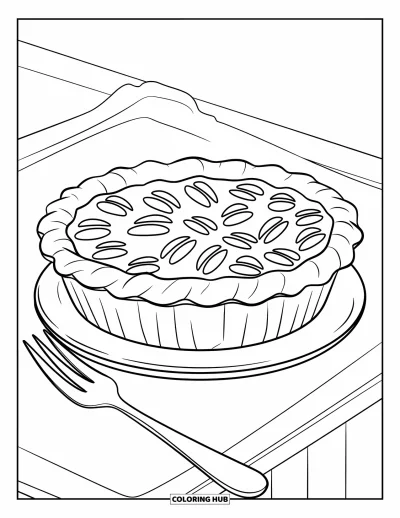 Coloriage de plats de Thanksgiving pour enfants : Une assiette simple porte une part de tarte aux noix de pécan et une fourchette sur un fond épuré