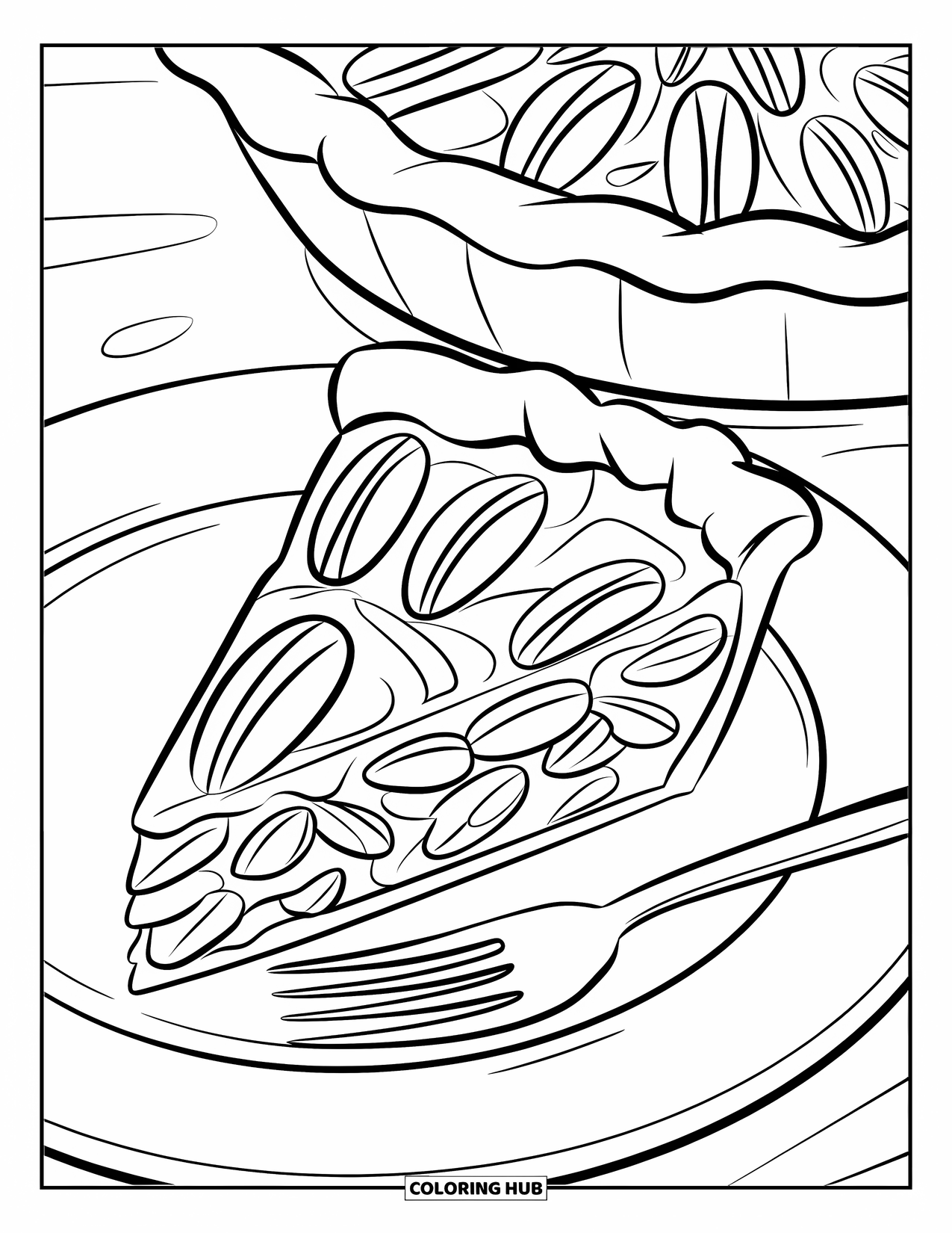 Thanksgiving Food Coloring Page for Kids: A slice of pecan pie sits on a plate with a fork nearby