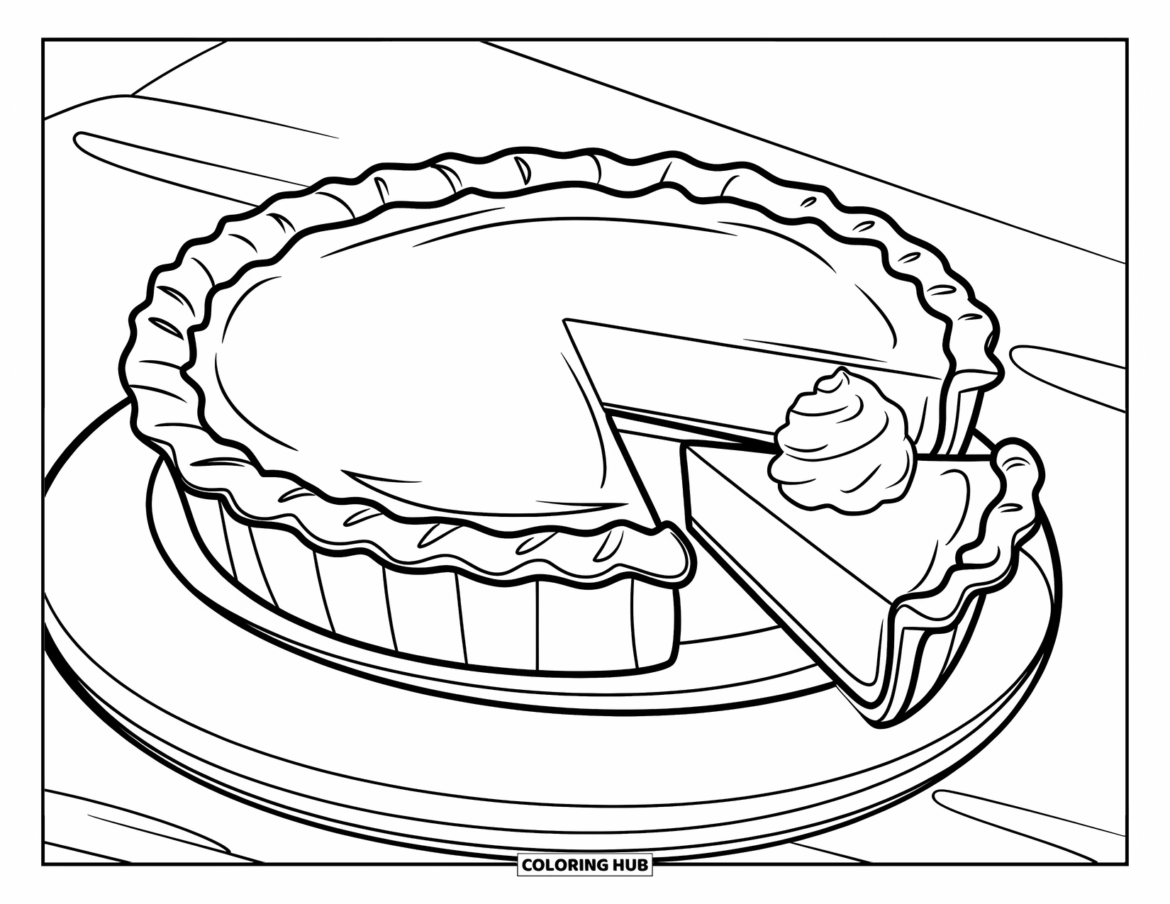 Thanksgiving Food Coloring Page for Kids: A slice of pie with whipped cream sits next to a whole pumpkin