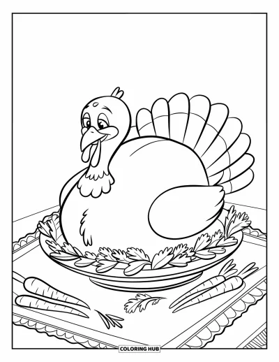 Coloriage de plats de Thanksgiving pour enfants : Une dinde souriante est posée sur un plat décoré de feuilles avec des carottes et du persil