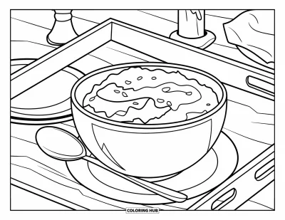 Coloriage de plats de Thanksgiving pour enfants : Une cuillère et une bougie sont posées près de la purée de pommes de terre sur un plateau
