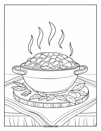 Coloriage de plats de Thanksgiving pour enfants : Un bol fumant de farce est posé sur une table entourée de décorations automnales