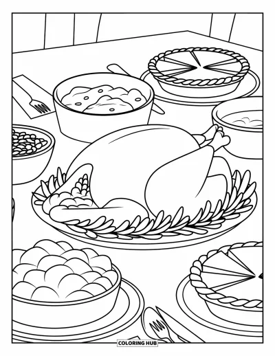 Coloriage de plats de Thanksgiving pour enfants : Une table de Thanksgiving avec une dinde, de la purée de pommes de terre et des parts de tarte
