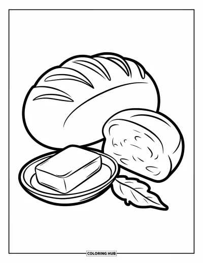 Coloriage de plats de Thanksgiving pour enfants : Un petit pain doré et un beurrier sont posés à côté d'une seule feuille