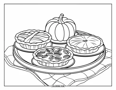 Coloriage de plats de Thanksgiving pour enfants : Un plateau avec des tartes à la citrouille, aux noix de pécan et aux pommes est prêt pour le dessert de Thanksgiving