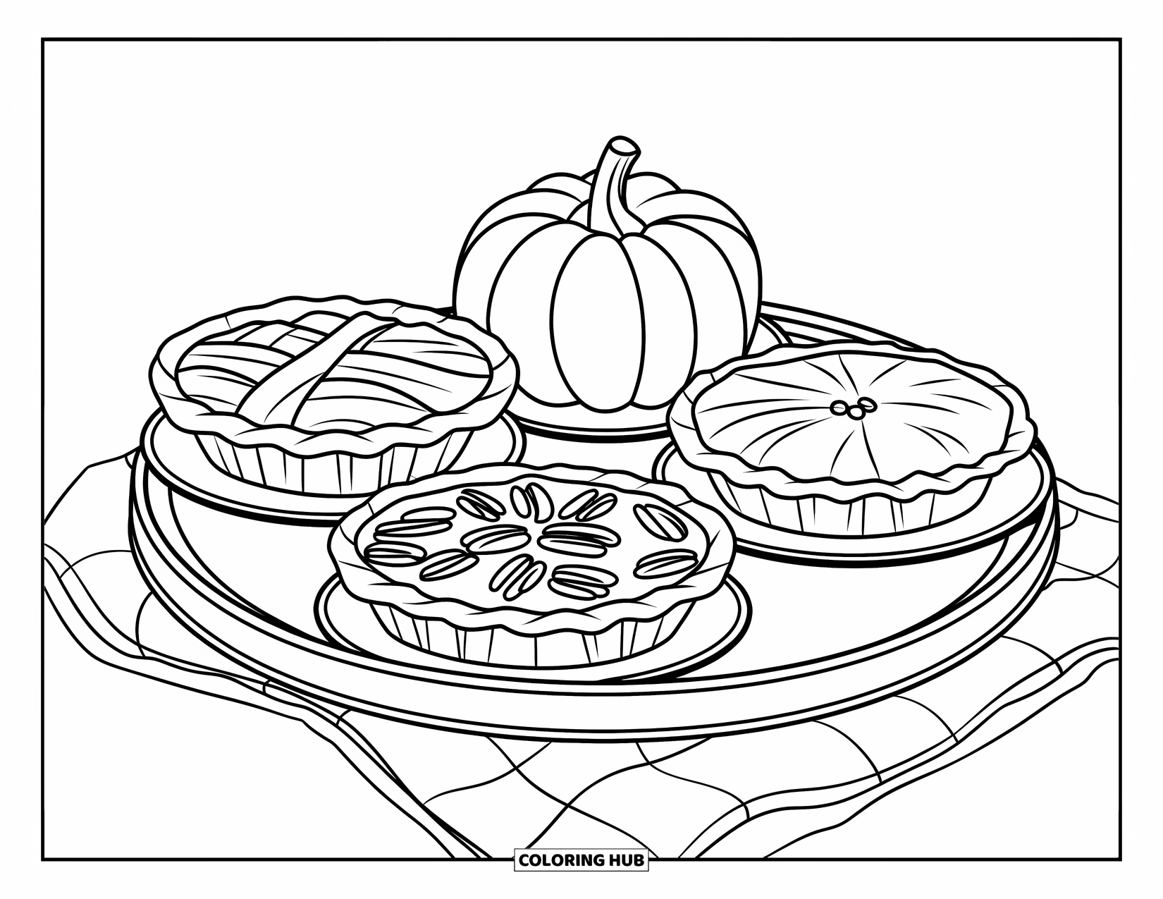Thanksgiving Food Coloring Page for Kids: A tray with pumpkin, pecan, and apple pies ready for Thanksgiving dessert