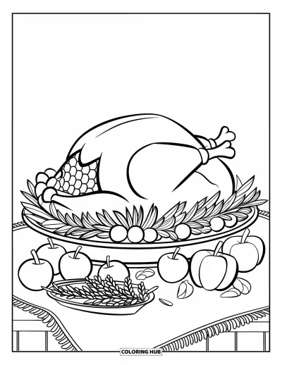 Coloriage de plats de Thanksgiving pour enfants : Une dinde est entourée d'herbes, de pommes, d'oranges et d'oignons sur un plat de service