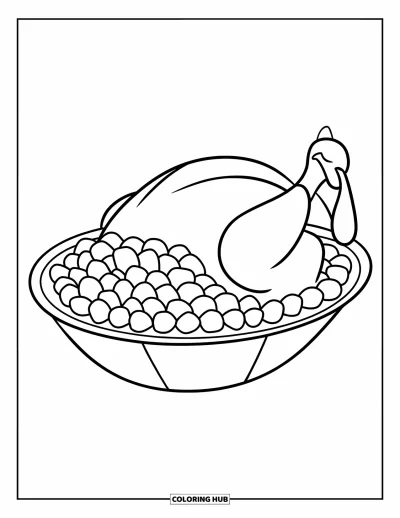 Coloriage de plats de Thanksgiving pour enfants : Un plat en forme de dinde contient de la sauce aux canneberges avec des lignes vives et gaies