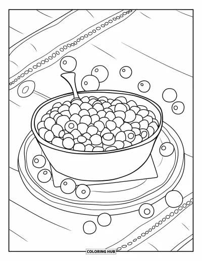 Coloriage de plats de Thanksgiving pour enfants : Une planche en bois porte de la sauce aux canneberges entourée de canneberges entières