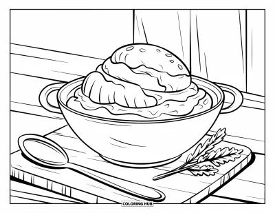 Coloriage de plats de Thanksgiving pour enfants : Une planche en bois porte de la purée de pommes de terre aux herbes avec une cuillère à côté