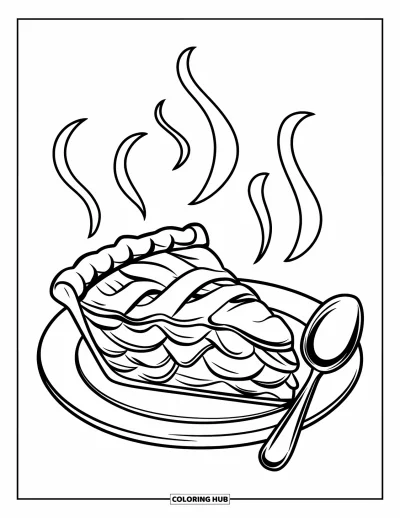 Coloriage de plats de Thanksgiving pour enfants : Une part de tarte aux pommes fume sur une assiette avec une cuillère à côté
