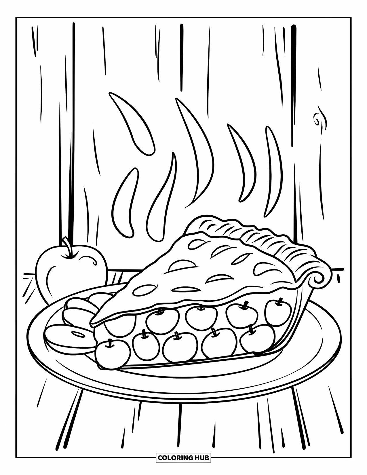 Thanksgiving Food Coloring Page for Kids: Apple pie with steam and slices rests on a rustic wooden background