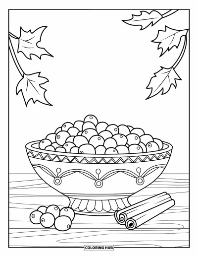 Coloriage de plats de Thanksgiving pour enfants : De la gelée de canneberges est présentée dans un bol à motifs entouré de feuilles et de cannelle