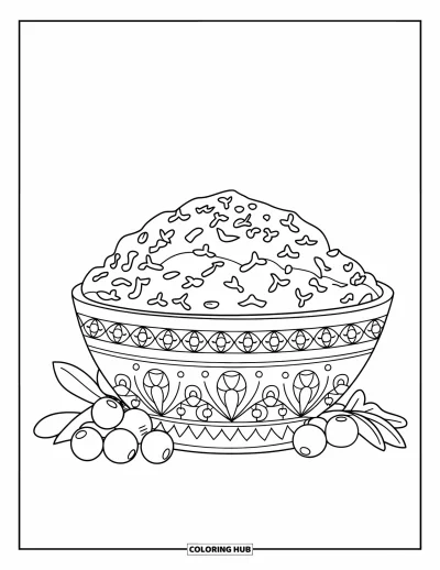 Coloriage de plats de Thanksgiving pour enfants : De la gelée de canneberges à l'orange repose dans un bol entouré de canneberges fraîches