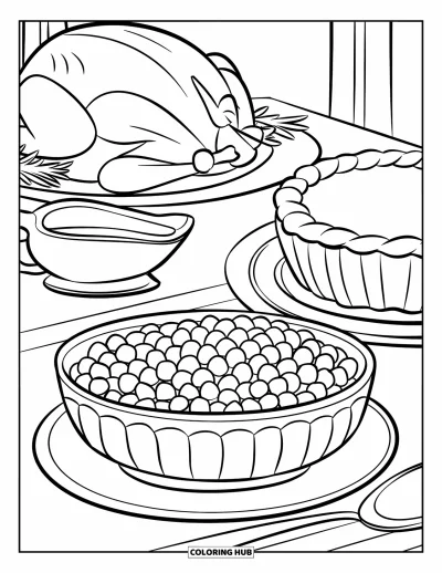Coloriage de plats de Thanksgiving pour enfants : La sauce aux canneberges est placée près d'une dinde, d'une tarte et d'une saucière