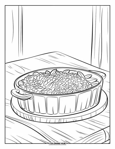 Coloriage de plats de Thanksgiving pour enfants : Des haricots verts dorés reposent dans un plat posé sur une planche en bois